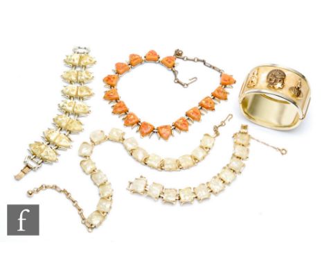 Coro - A post war vintage necklace and bracelet set formed from simulated mother of pearl panels in gilt metal mounts, togeth
