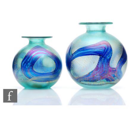 Michael Harris - Isle of Wight - Two studio glass vases in the Golden Peacock pattern in the Royale green colourway, the firs