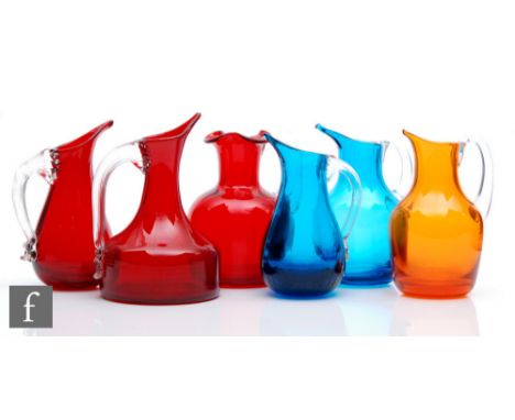 Geoffrey Baxter - Whitefriars - A collection of jugs, to include pattern number 9648 in Tangerine, Ruby and two Kingfisher Bl