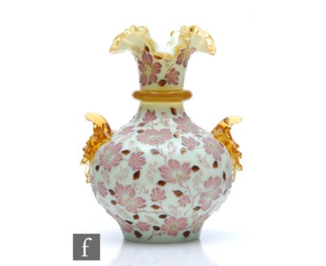 Loetz - A later 19th Century glass vase, circa 1880, of squat ovoid form with collar neck and frilled rim, the body decorated