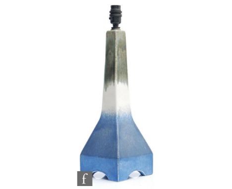 Ruskin Pottery - A large 'rocket' lamp base decorated in an olive green to white to blue glaze, impressed mark, height 43cm. 