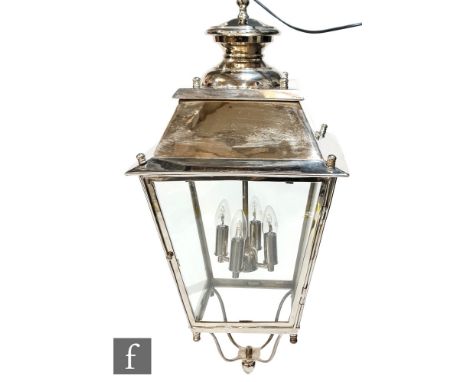 Unknown - A contemporary lantern style chandelier, the chrome metalwork suspended from a knopped finial and ring suspension h