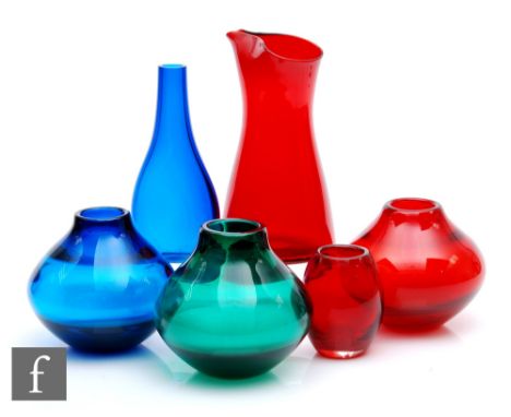 Geoffrey Baxter - Whitefriars - A collection of vases, to include three Optic Ribbed Ovoid vases, pattern number 9586 in Ruby