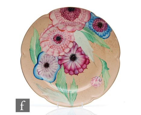 Grays Pottery - A large 1930s Art Deco charger decorated in pattern A5696 with hand painted pink, purple and blue flowers aga