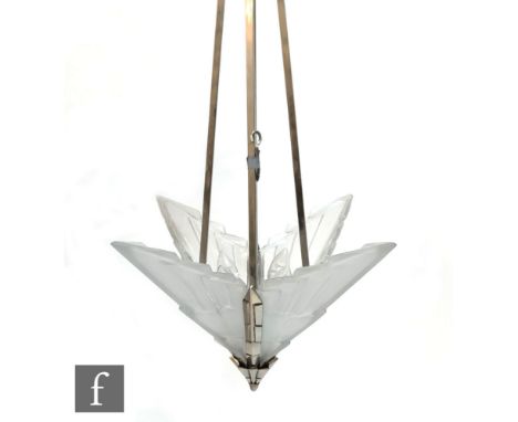 Unknown - French - A 1920s Art Deco ceiling light with a silvered metal frame detail with a central carry pendant and radiati