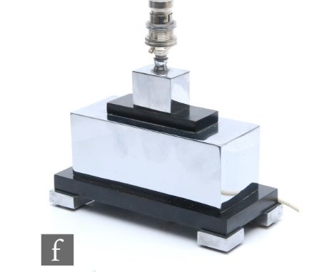 Unknown - A 1930s Art Deco lamp base with stepped blocks in chrome and ebonised wood, unmarked, height 16cm. 