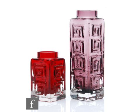 Geoffrey Baxter - Whitefriars - Two vases, to include Greek Key Fret in Aubergine, pattern number 9810, height 19.5cm, and Gr