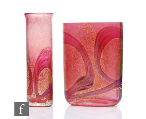 Michael Harris - Isle of Wight - Two studio glass vases in the Golden Peacock pattern in the Royale Pink colourway, the first