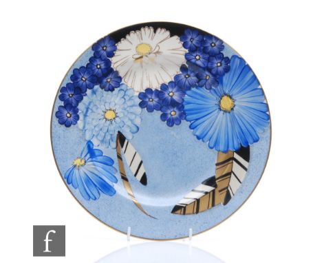 Grays Pottery - A 1930s Art Deco plate decorated in pattern&nbsp;A2448 with tonal blue and white flowers against a sponged bl