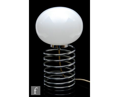 After Herbert Terry - A 1980s Zebedee style lamp, the chrome coiled tubular sprung base, surmounted by an opaline globe shade