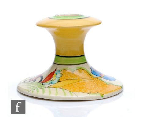 Clarice Cliff - Moonlight - A shape 310 candlestick circa 1932, hand painted with a stylised tree and garden landscape with y