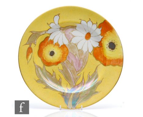 Grays Pottery - A 1930s Art Deco plate decorated in pattern A1145 with stylised lustre flowers and foliage against a yellow g