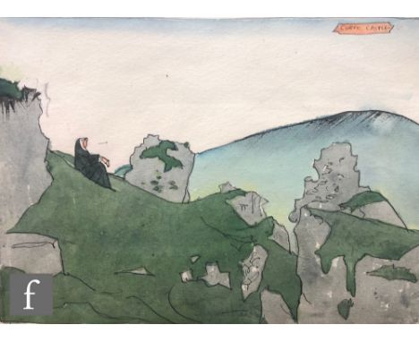 Albert Wainwright (1898-1943) - Corfe Castle, a sketch depicting a seated Nun looking out to a hilly landscape, to the revers