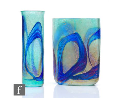 Michael Harris - Isle of Wight - Two studio glass vases in the Golden Peacock pattern in the Royale green colourway, the firs