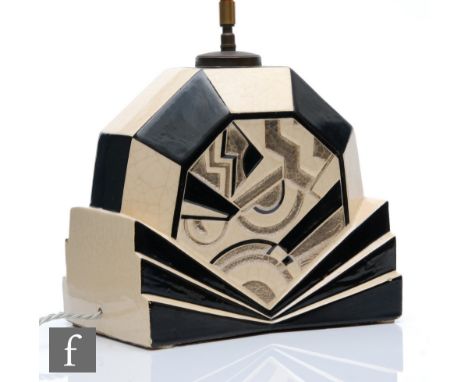 Charles Harva - A 1930s Art Deco lamp base with a black and white geometric design with silver lustre detailing, painted C.H 