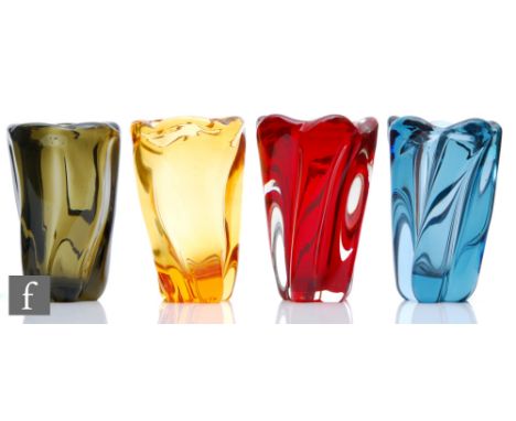 William Wilson - Whitefriars - A group of four Chunky Twisted Lobed vases, pattern number 9386, in Gold, Ruby, Twilight and A