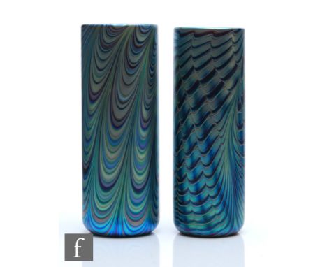 Okra - Two contemporary glass vases, both of sleeve form with iridescent decoration, the first in the Nebula pattern, height 