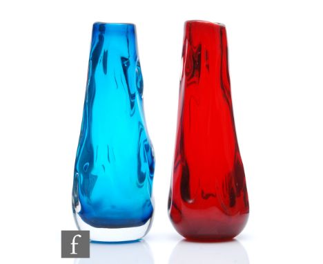 William Wilson and Harry Dyer - Whitefriars - Two Knobbly range vases, both pattern number 9612 in Ruby and Kingfisher Blue, 