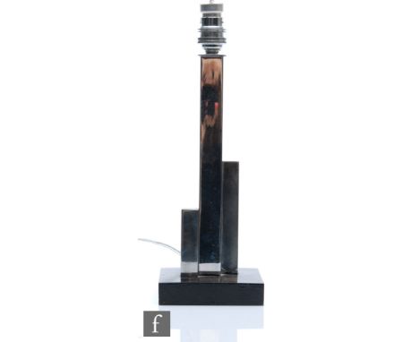 Unknown - A 1930s Art Deco lamp base formed from three chromed columns of varying height on a black painted base, overall hei