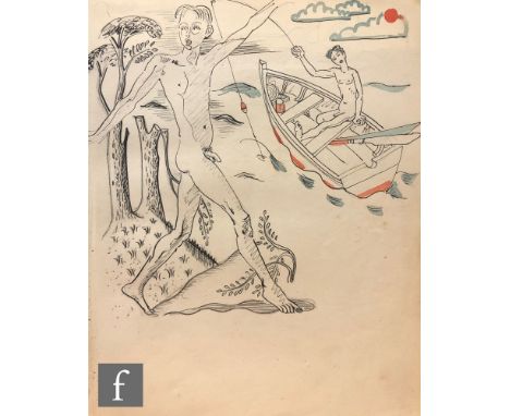 Albert Wainwright (1898-1943) - A sketch depicting a nude male youth walking in a wooded landscape beside a further nude male