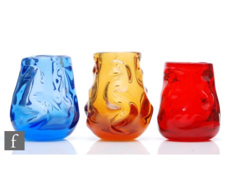 William Wilson and Harry Dyer - Whitefriars - A group of three Knobbly range vases, pattern number 9843 to include Ruby, Sky 
