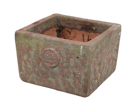 A square crackle-glazed terracotta planter, with impressed crest initialled LR to front. 47x32cm. 