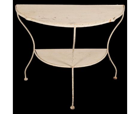 A French two-tier demi-lune console table, with painted wooden shelves on painted cast iron base. 89x76x40cm. 