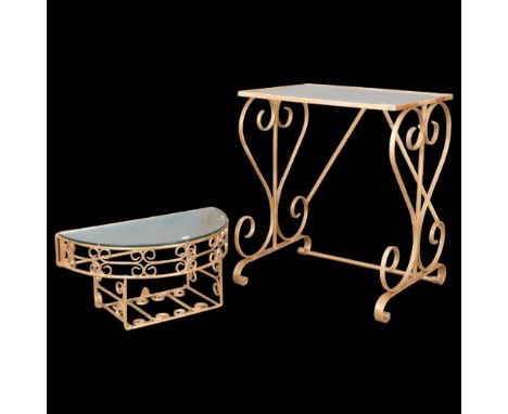 A gilt painted side table with inset frosted glass top, 51x59x38cm, and a similar demi-lune wall shelf. (2) 