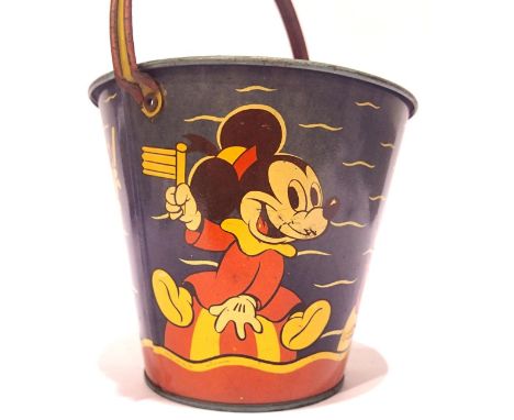 Vintage tinplate sand bucket with Mickey and Minnie Mouse, marked to base Happynak Series, made in England, H: 15 cm, without