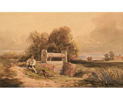 * Follower of David Cox (1783-1859). Landscape with boy and a fishing rod by a Sluice gate, watercolour on paper, laid onto l