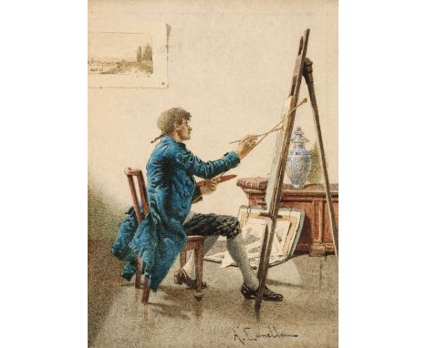 * Canella (Antonio, 1849-1922). Portrait of an Artist at his Easel, fine miniature watercolour on paper, signed lower right, 