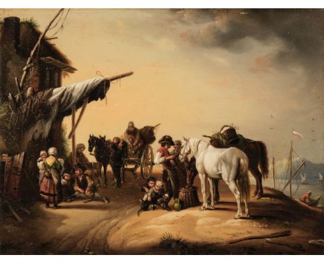 * Manner of Philips Wouverman (1619-1668). Rustic figures with pack horses outside a dwelling, &amp; Soldier on horseback and