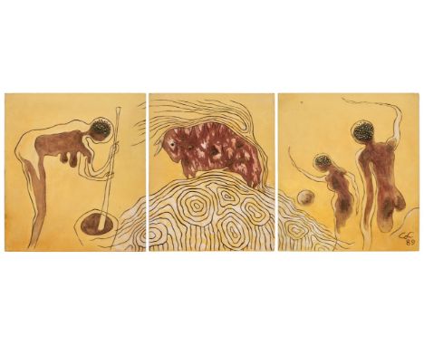 AR  * Cox (Morris, 1903-1998). Triptich: Native Village, 1988-89, acrylic on board, in three panels, signed and dated lower r