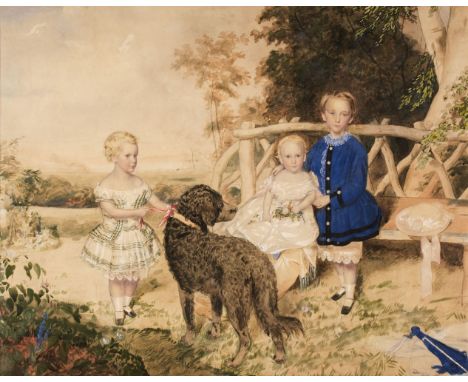 * English School. Group portrait of three children by a rustic seat with dog, circa 1840's, watercolour and pencil on paper, 