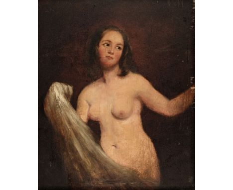 * Manner of Théodore Chassèriau (1819-1856). Female nude, oil on board, depicting a young woman holding a draped piece of fab