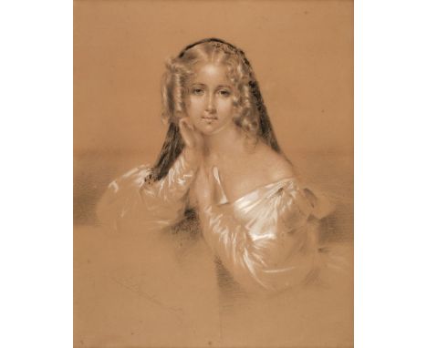 * Beyerhaus (Edwin, 19th Century). Portrait of a young woman in silk dress, circa 1840, pencil and chalk, with charcoal, heig