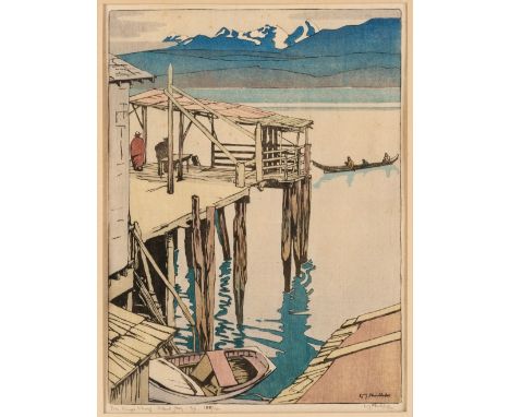 * Phillips (Walter Joseph, 1884-1963). Jim King's Wharf, Alert Bay, British Columbia, 1927, colour woodcut on japan paper, si
