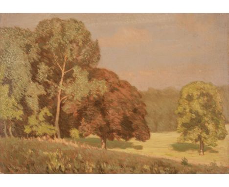 * Needell (Philip Gregory, 1886-1974). Early Morning, Autumn, Mill Hill, acrylic on board, depicting a wooded landscape, sign