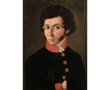 * Naive School. Portrait of a young Prussian Gentleman, circa 1820, oil on canvas, a fine half-length portrait of a young man