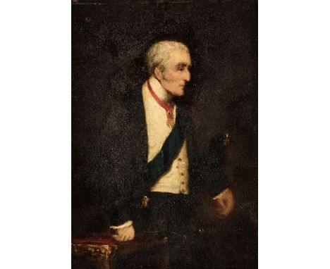 * After Arthur d'Orsay (1801-1852). Duke of Wellington, oil on wood panel, depicting the Duke of Wellington standing by a sma