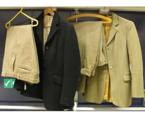 A hunting jacket bearing Swaine & Adeney to interior, together with a black hunting coat and two pairs of tweed breeks   COND