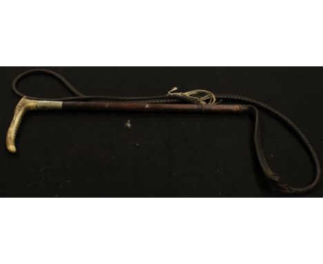 A gentleman's hunting crop with antler handle and plated ferrule, to a leather shaft with leather thong