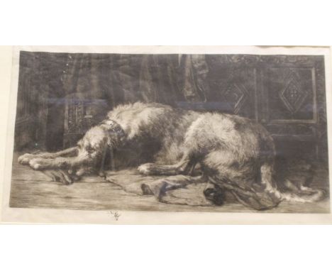 AFTER HERBERT DICKSEE "Irish Wolf Hound resting on a rug in an interior", black and white engraving, signed in pencil lower l