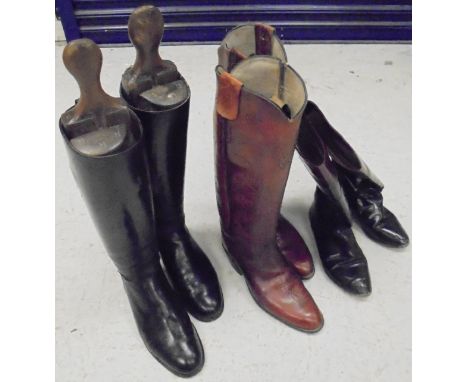 A pair of ladies black Hunting boots (size 7), together with trees and a pair of hand-made South American Polo boots (size 8D