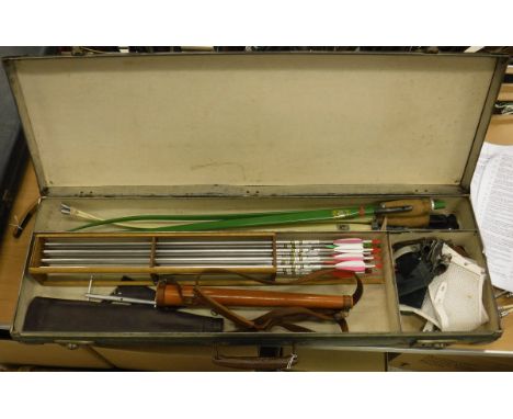 An Apollo Merlin bow and a Kestrel bow, together with twelve assorted arrows and other archery requisites, in a green vinyl c