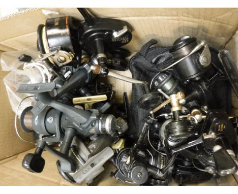 A collection of seventeen fixed spool reels to include examples by Mitchell, Shimano, ABU, Zebco and Shakespeare, etc, togeth