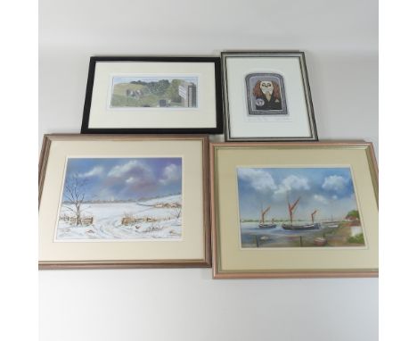 Graham Clarke, b1941, 'Year of the Dog', limited edition print, 20 x 15cm, together with two seascape pastels and a print (4)