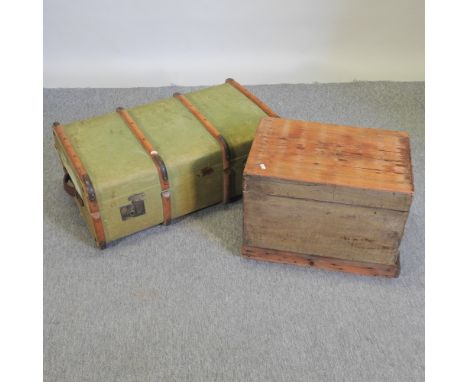 An early 20th century painted wooden trunk, 81cm, together with a wooden tool box, containing tools