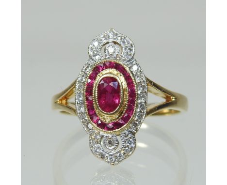 An 18 carat gold ruby and diamond Art Deco style ring, boxed