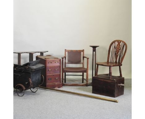 An antique pine box, with rope handles, 45cm, together with a vintage dolls pram, a desk pedestal, a shop display stand, a ma